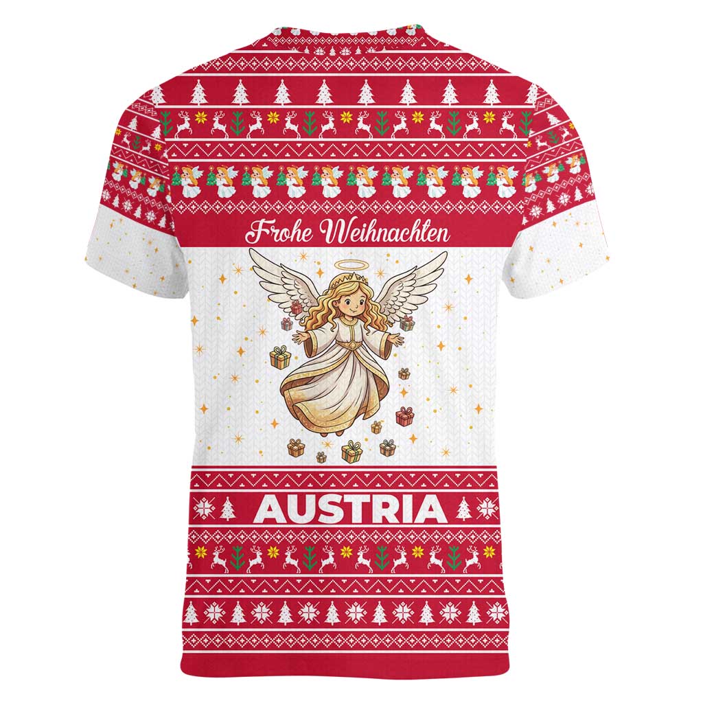 Austria Christmas Women V-Neck T-Shirt with Frohe Weihnachten Angel Design and Red White Holiday - Wonder Print Shop