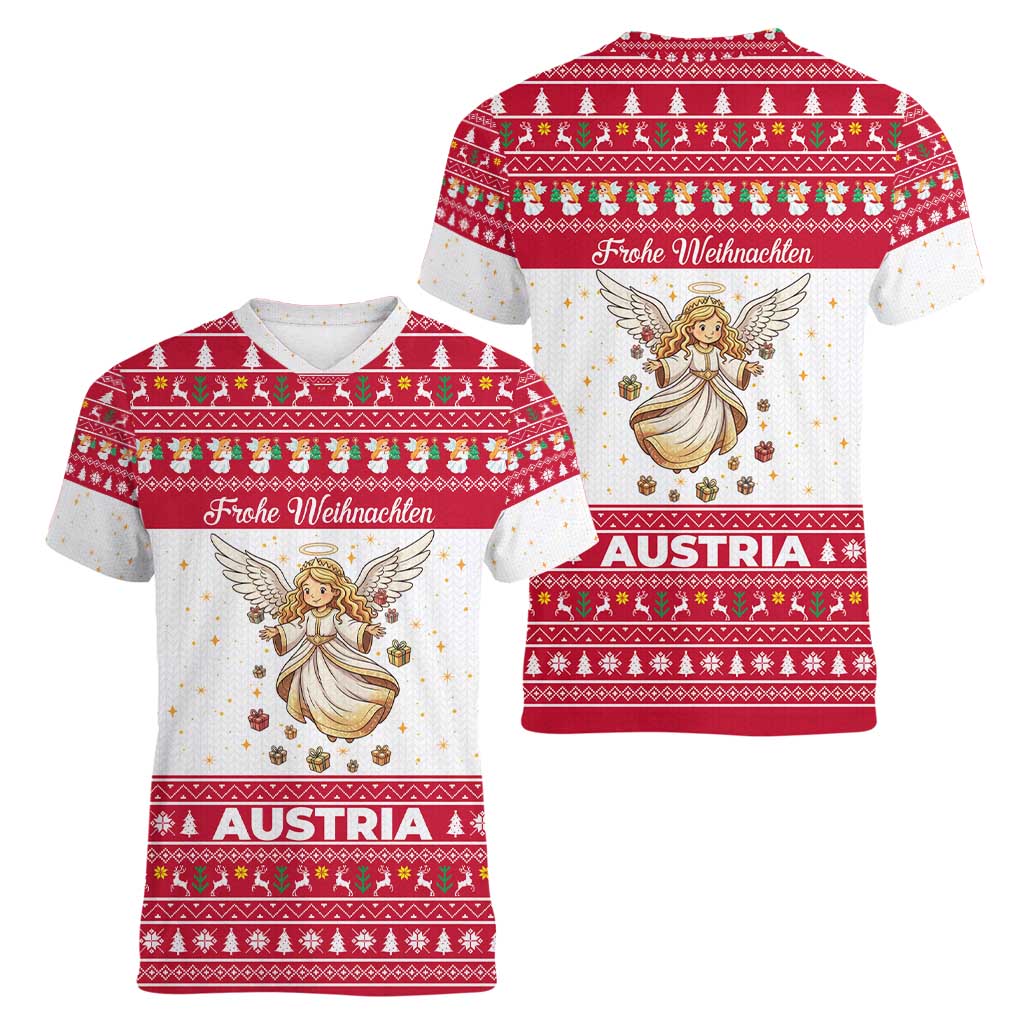 Austria Christmas Women V-Neck T-Shirt with Frohe Weihnachten Angel Design and Red White Holiday - Wonder Print Shop