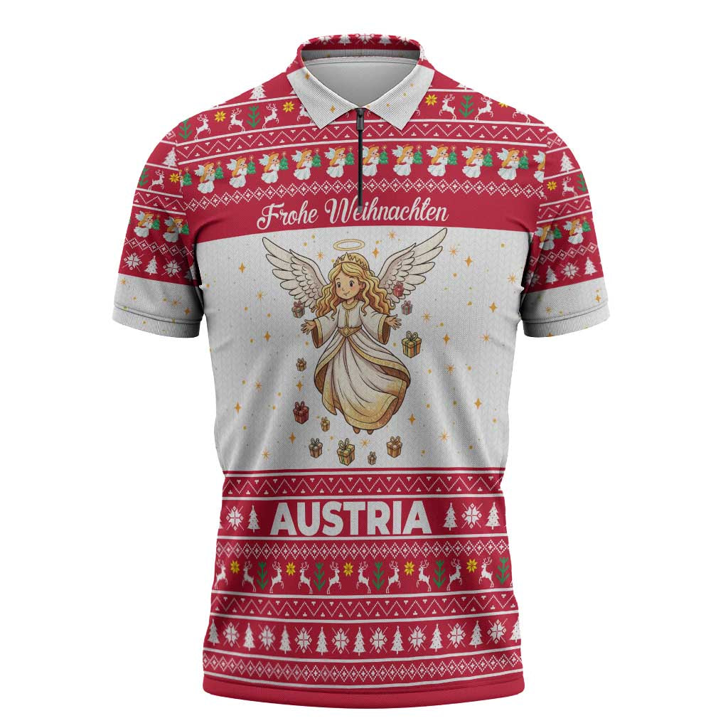 Austria Christmas Zipper Polo Shirt with Frohe Weihnachten Angel Design and Red White Holiday - Wonder Print Shop