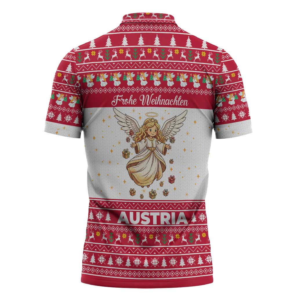 Austria Christmas Zipper Polo Shirt with Frohe Weihnachten Angel Design and Red White Holiday - Wonder Print Shop