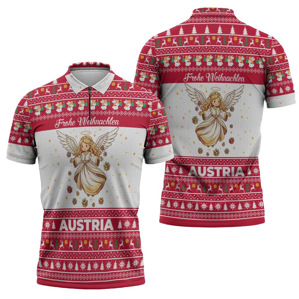 Austria Christmas Zipper Polo Shirt with Frohe Weihnachten Angel Design and Red White Holiday - Wonder Print Shop