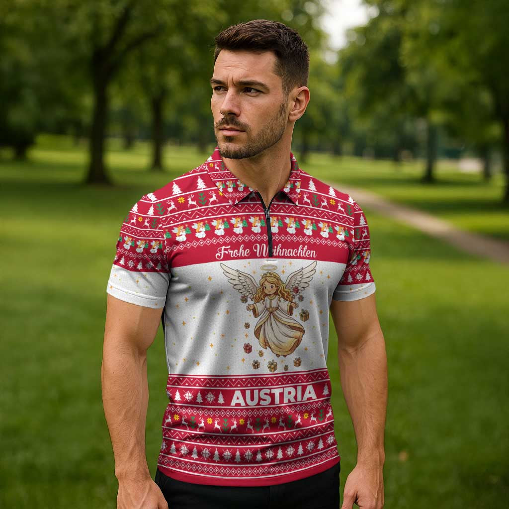 Austria Christmas Zipper Polo Shirt with Frohe Weihnachten Angel Design and Red White Holiday - Wonder Print Shop
