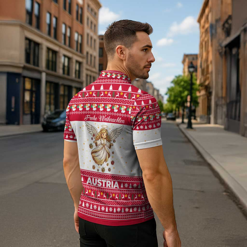Austria Christmas Zipper Polo Shirt with Frohe Weihnachten Angel Design and Red White Holiday - Wonder Print Shop