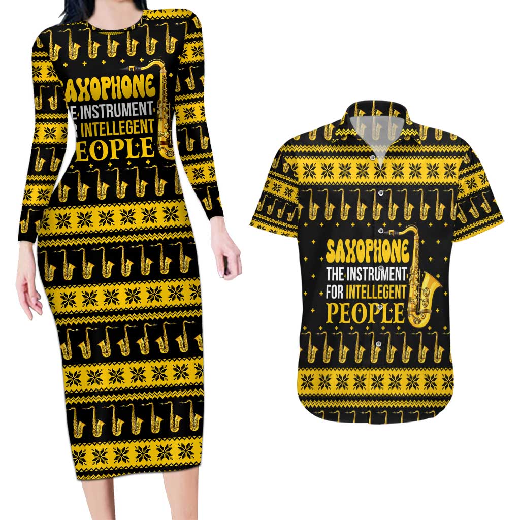 Saxophone The Instrument For Intellegent People Christmas Couples Matching Long Sleeve Bodycon Dress and Hawaiian Shirt Xmas Holiday Patterns - Wonder Print Shop