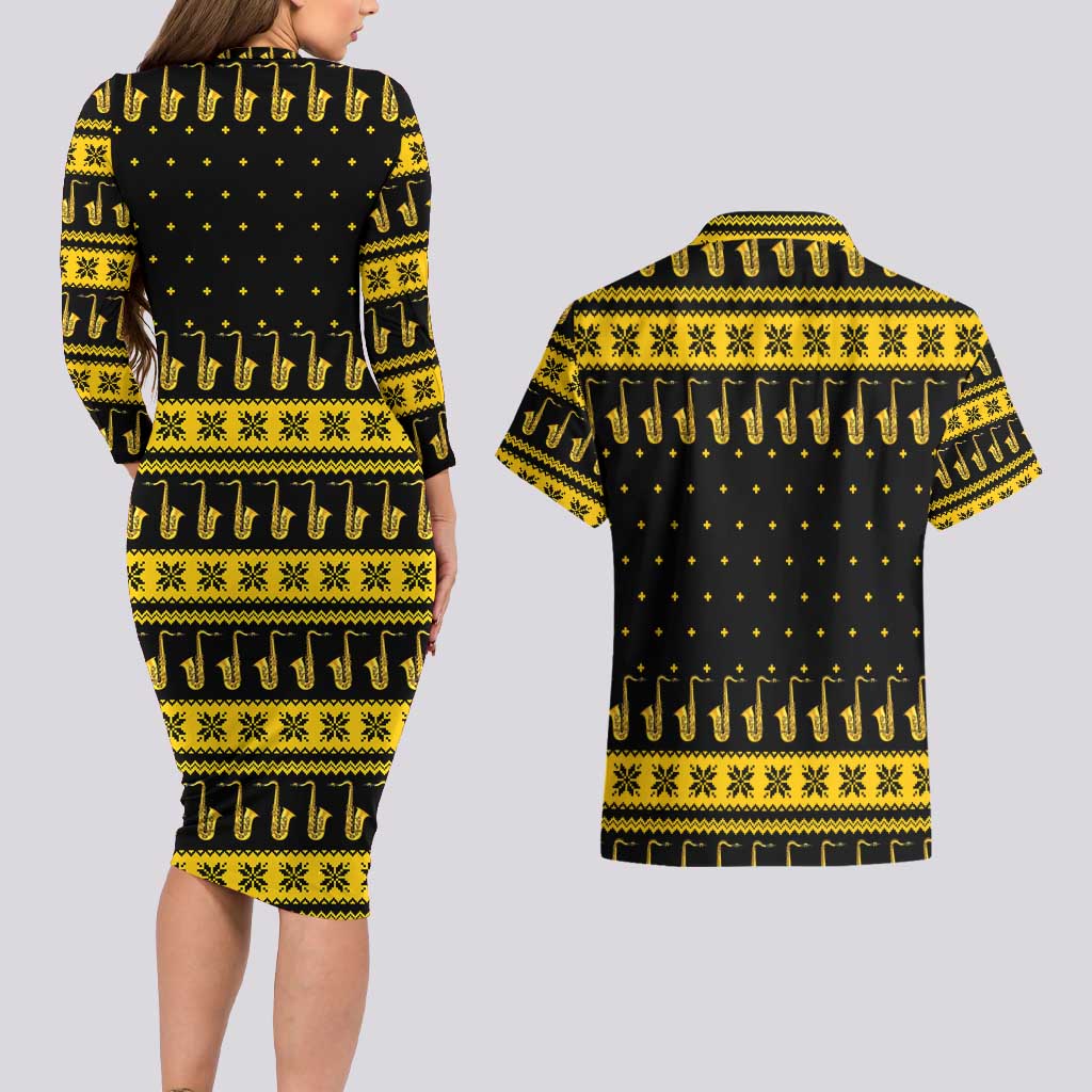 Saxophone The Instrument For Intellegent People Christmas Couples Matching Long Sleeve Bodycon Dress and Hawaiian Shirt Xmas Holiday Patterns - Wonder Print Shop