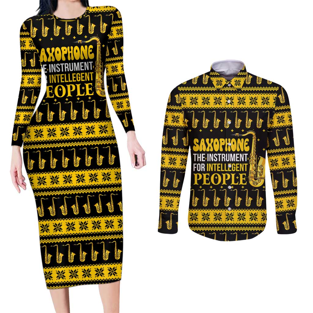 Saxophone The Instrument For Intellegent People Christmas Couples Matching Long Sleeve Bodycon Dress and Long Sleeve Button Shirt Xmas Holiday Patterns - Wonder Print Shop