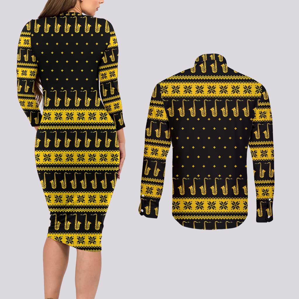 Saxophone The Instrument For Intellegent People Christmas Couples Matching Long Sleeve Bodycon Dress and Long Sleeve Button Shirt Xmas Holiday Patterns - Wonder Print Shop