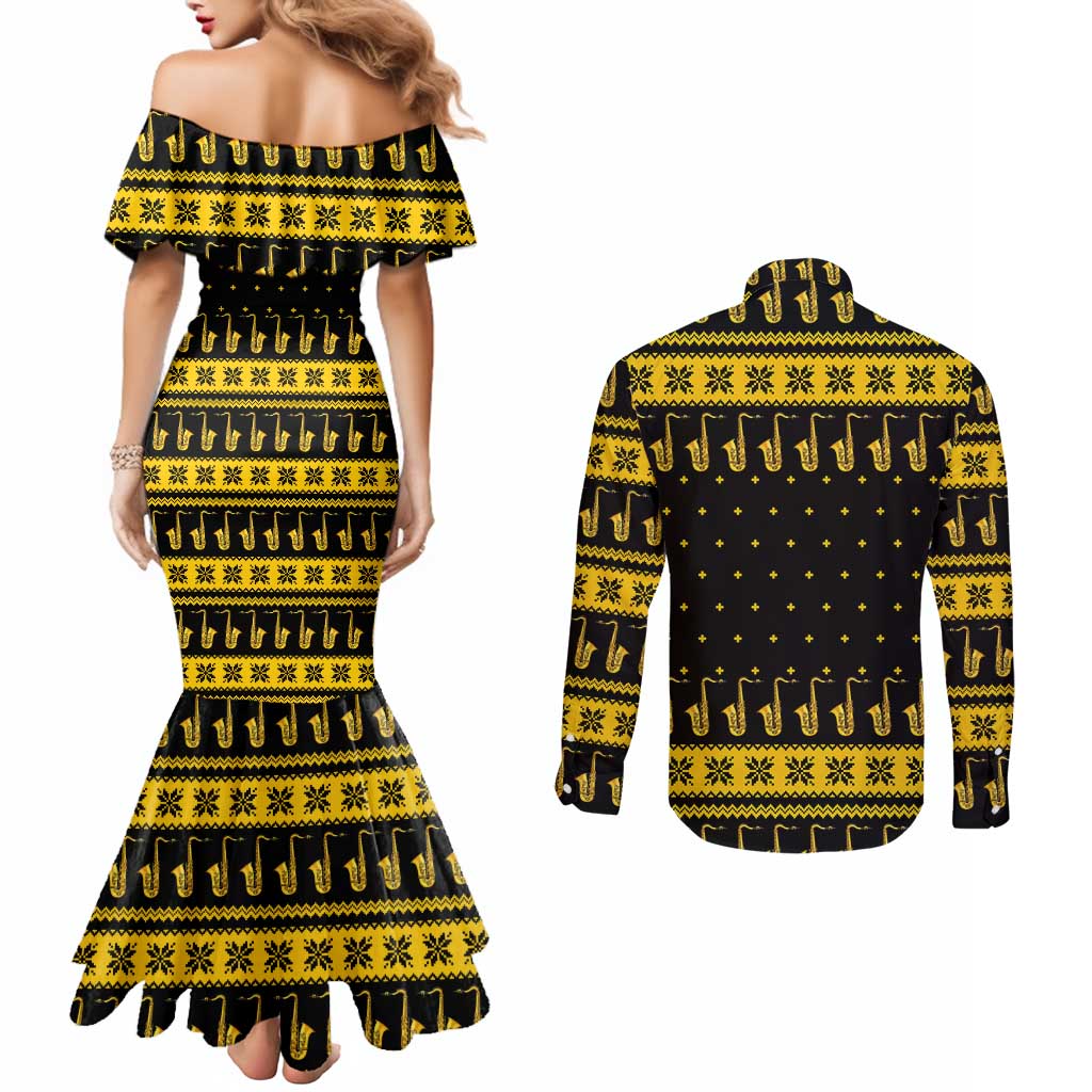 Saxophone The Instrument For Intellegent People Christmas Couples Matching Mermaid Dress and Long Sleeve Button Shirt Xmas Holiday Patterns - Wonder Print Shop