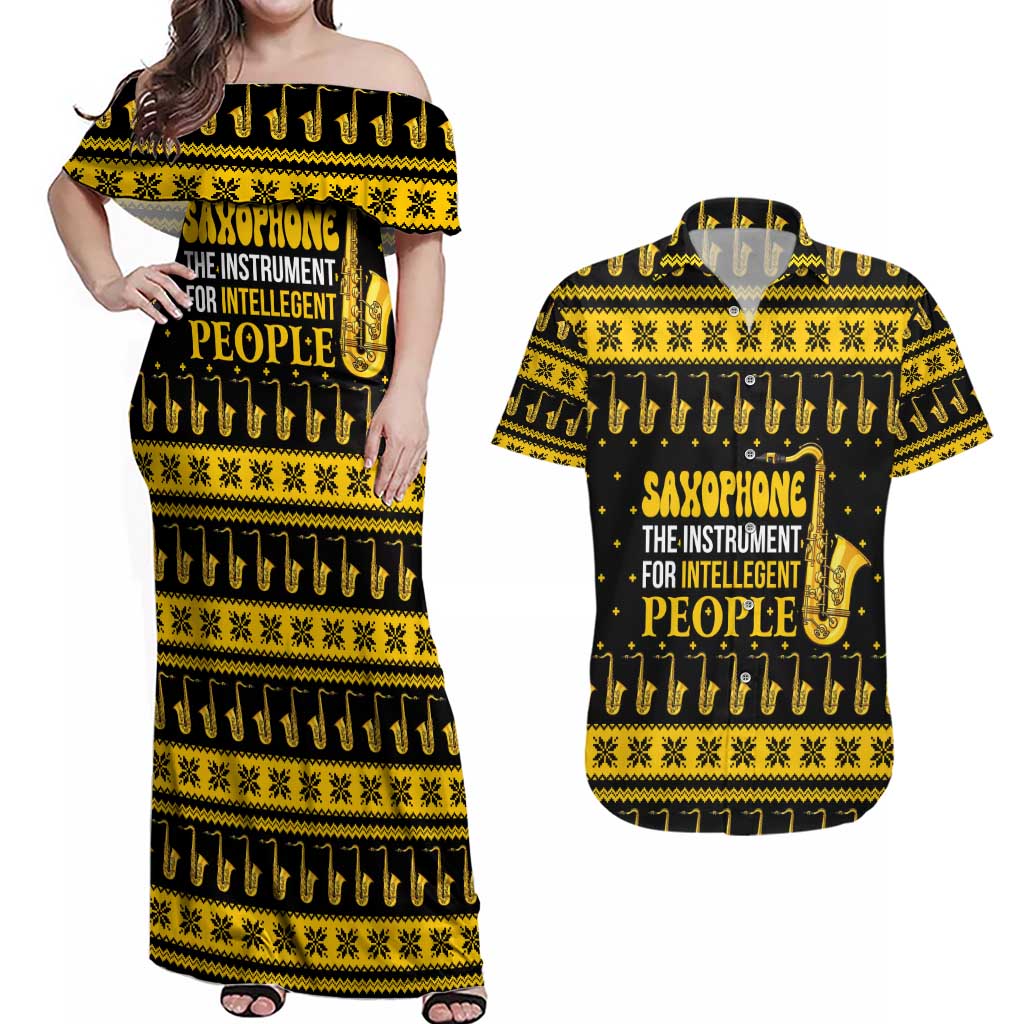 Saxophone The Instrument For Intellegent People Christmas Couples Matching Off Shoulder Maxi Dress and Hawaiian Shirt Xmas Holiday Patterns - Wonder Print Shop