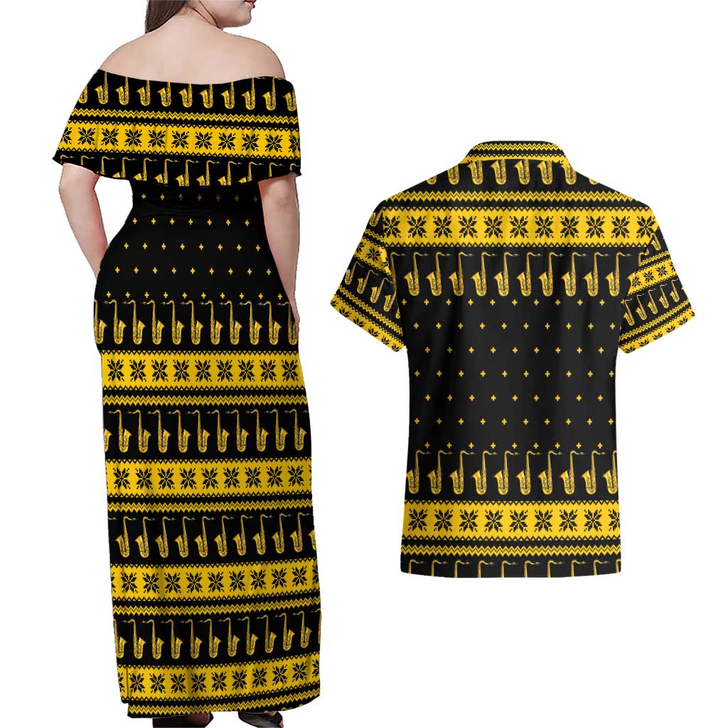 Saxophone The Instrument For Intellegent People Christmas Couples Matching Off Shoulder Maxi Dress and Hawaiian Shirt Xmas Holiday Patterns - Wonder Print Shop