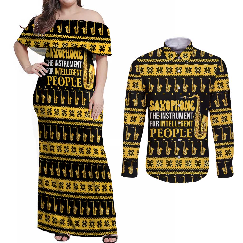 Saxophone The Instrument For Intellegent People Christmas Couples Matching Off Shoulder Maxi Dress and Long Sleeve Button Shirt Xmas Holiday Patterns - Wonder Print Shop