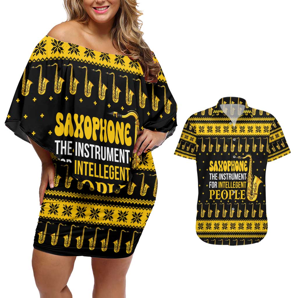 Saxophone The Instrument For Intellegent People Christmas Couples Matching Off Shoulder Short Dress and Hawaiian Shirt Xmas Holiday Patterns - Wonder Print Shop