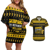 Saxophone The Instrument For Intellegent People Christmas Couples Matching Off Shoulder Short Dress and Hawaiian Shirt Xmas Holiday Patterns - Wonder Print Shop