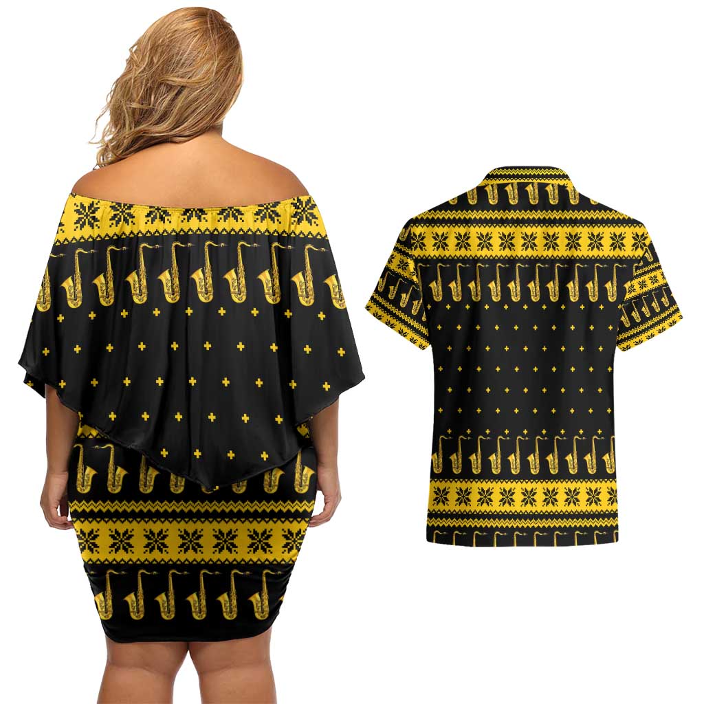 Saxophone The Instrument For Intellegent People Christmas Couples Matching Off Shoulder Short Dress and Hawaiian Shirt Xmas Holiday Patterns - Wonder Print Shop