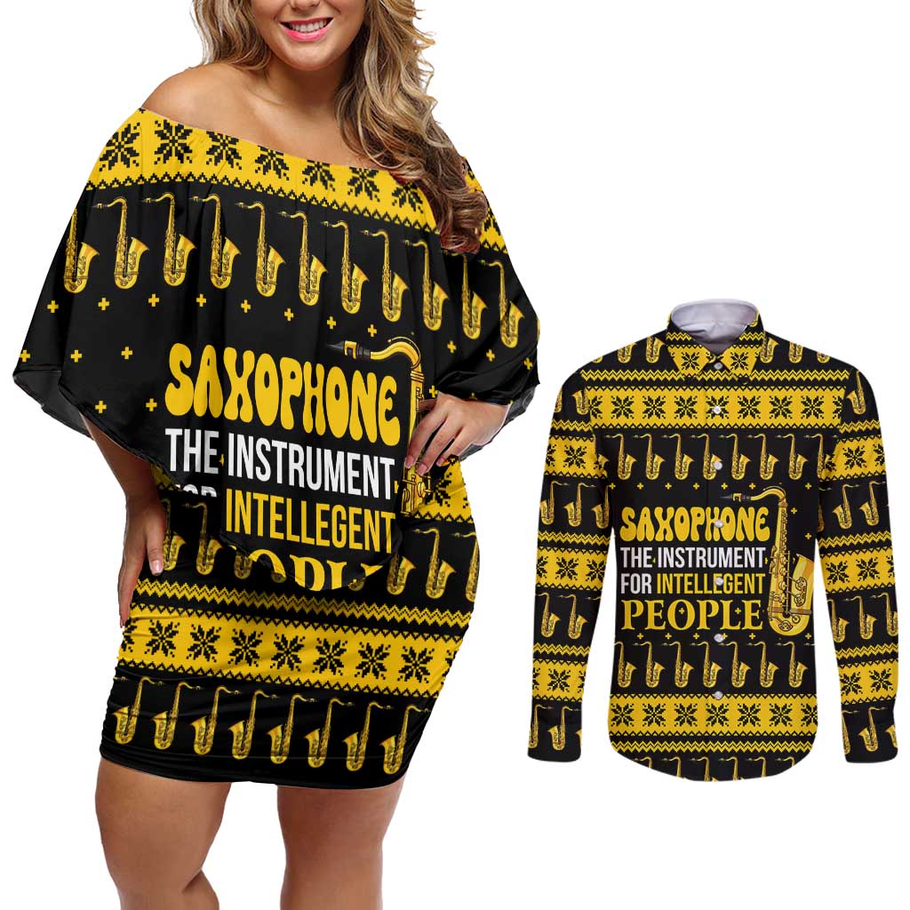 Saxophone The Instrument For Intellegent People Christmas Couples Matching Off Shoulder Short Dress and Long Sleeve Button Shirt Xmas Holiday Patterns - Wonder Print Shop