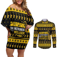 Saxophone The Instrument For Intellegent People Christmas Couples Matching Off Shoulder Short Dress and Long Sleeve Button Shirt Xmas Holiday Patterns - Wonder Print Shop