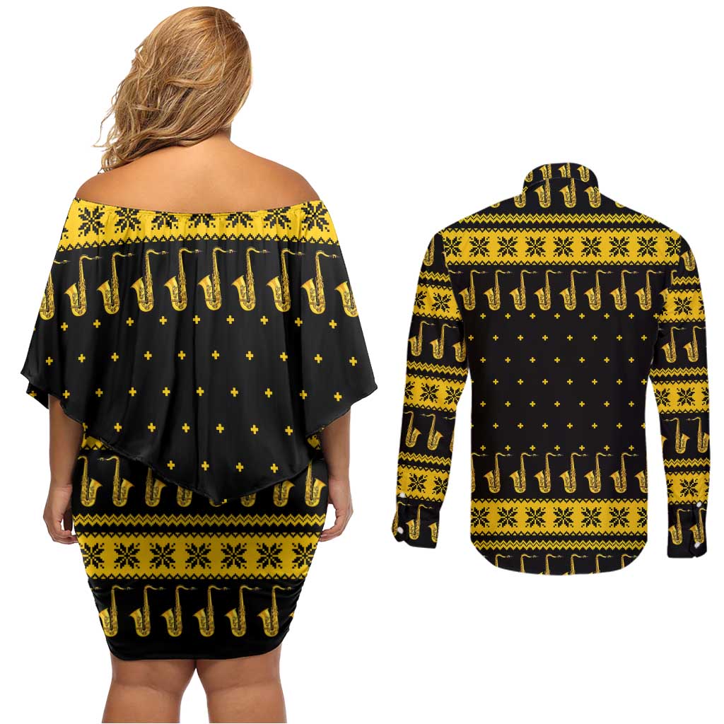 Saxophone The Instrument For Intellegent People Christmas Couples Matching Off Shoulder Short Dress and Long Sleeve Button Shirt Xmas Holiday Patterns - Wonder Print Shop