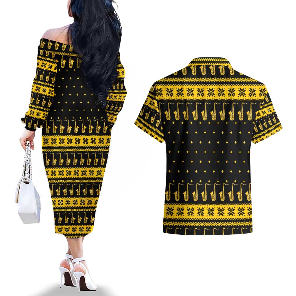 Saxophone The Instrument For Intellegent People Christmas Couples Matching Off The Shoulder Long Sleeve Dress and Hawaiian Shirt Xmas Holiday Patterns - Wonder Print Shop