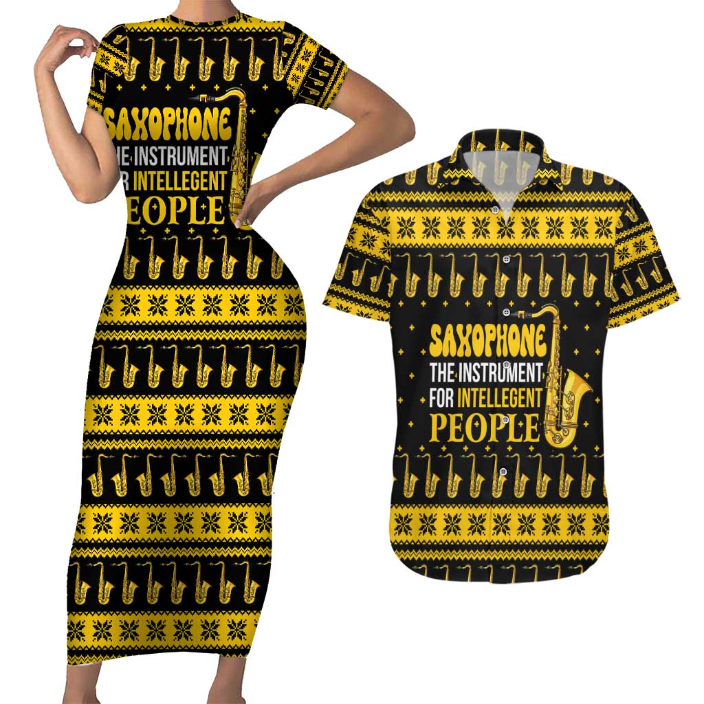 Saxophone The Instrument For Intellegent People Christmas Couples Matching Short Sleeve Bodycon Dress and Hawaiian Shirt Xmas Holiday Patterns - Wonder Print Shop