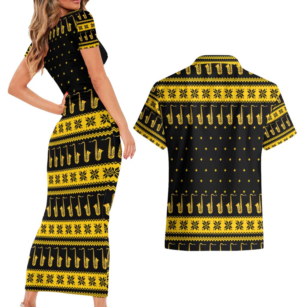 Saxophone The Instrument For Intellegent People Christmas Couples Matching Short Sleeve Bodycon Dress and Hawaiian Shirt Xmas Holiday Patterns - Wonder Print Shop