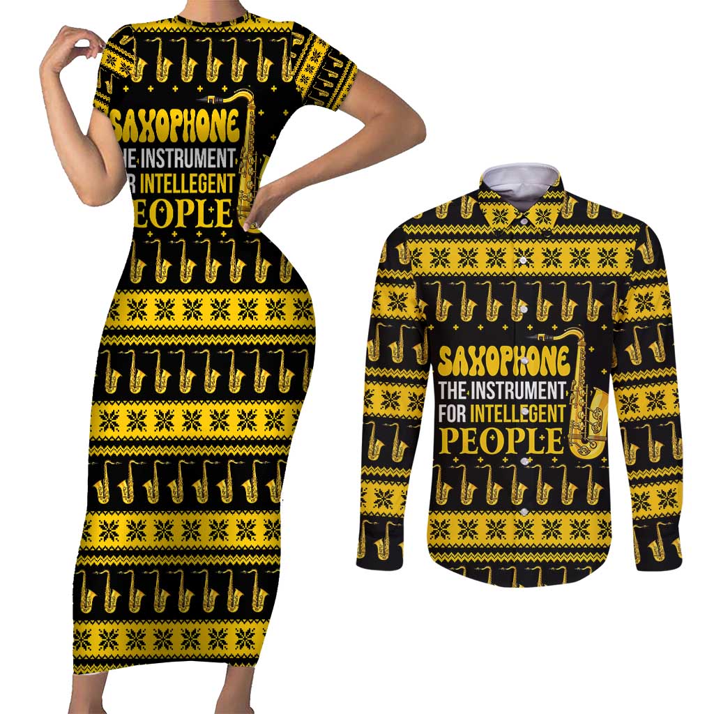Saxophone The Instrument For Intellegent People Christmas Couples Matching Short Sleeve Bodycon Dress and Long Sleeve Button Shirt Xmas Holiday Patterns - Wonder Print Shop