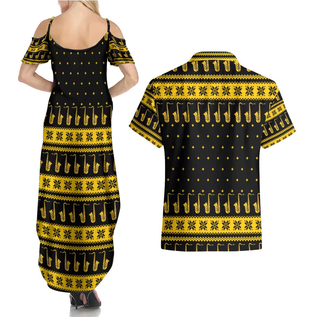 Saxophone The Instrument For Intellegent People Christmas Couples Matching Summer Maxi Dress and Hawaiian Shirt Xmas Holiday Patterns - Wonder Print Shop