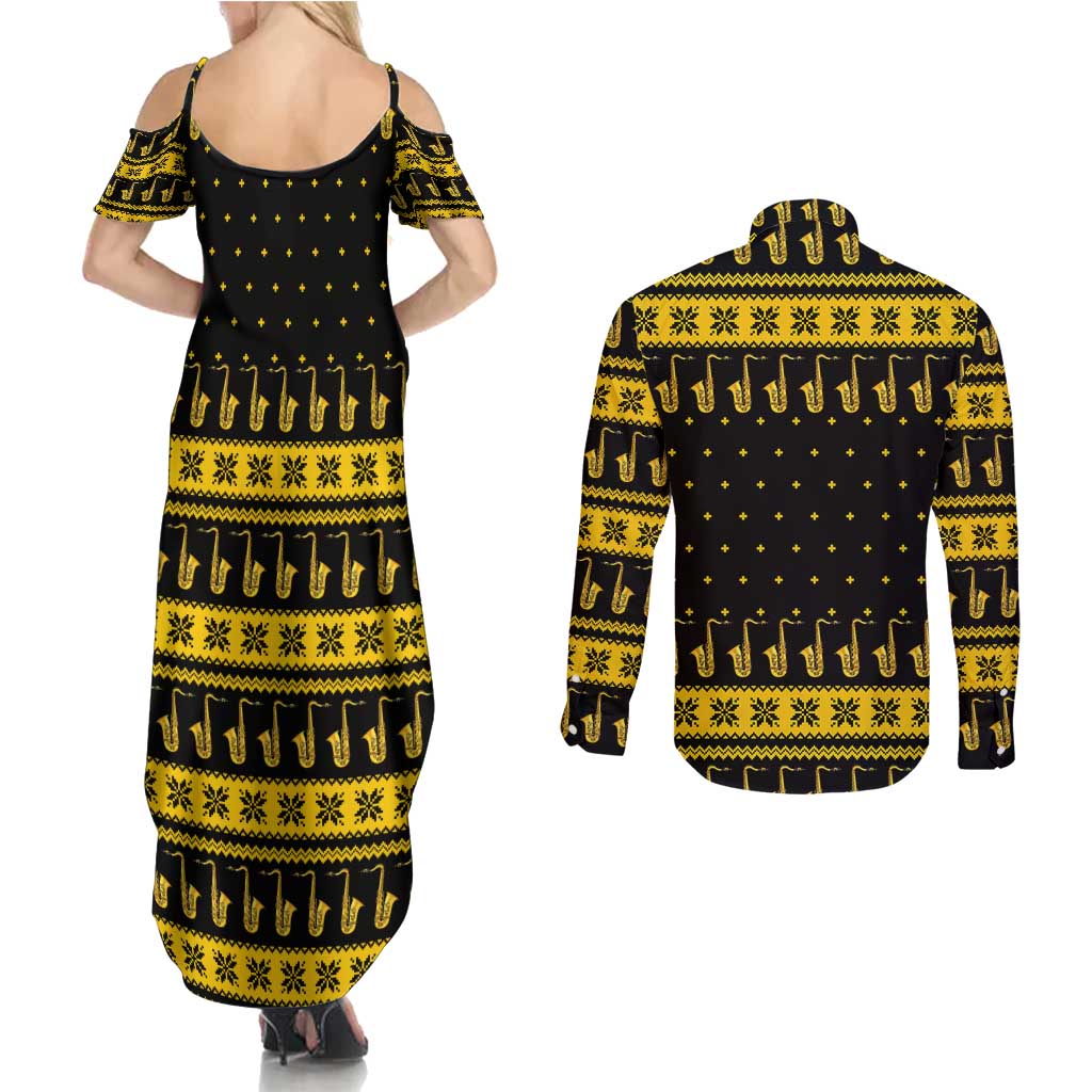 Saxophone The Instrument For Intellegent People Christmas Couples Matching Summer Maxi Dress and Long Sleeve Button Shirt Xmas Holiday Patterns - Wonder Print Shop