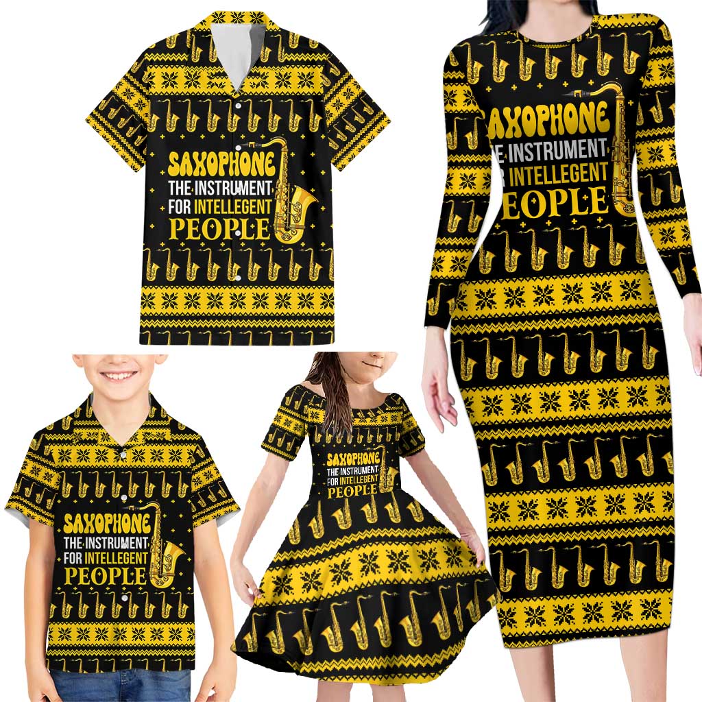 Saxophone The Instrument For Intellegent People Christmas Family Matching Long Sleeve Bodycon Dress and Hawaiian Shirt Xmas Holiday Patterns - Wonder Print Shop