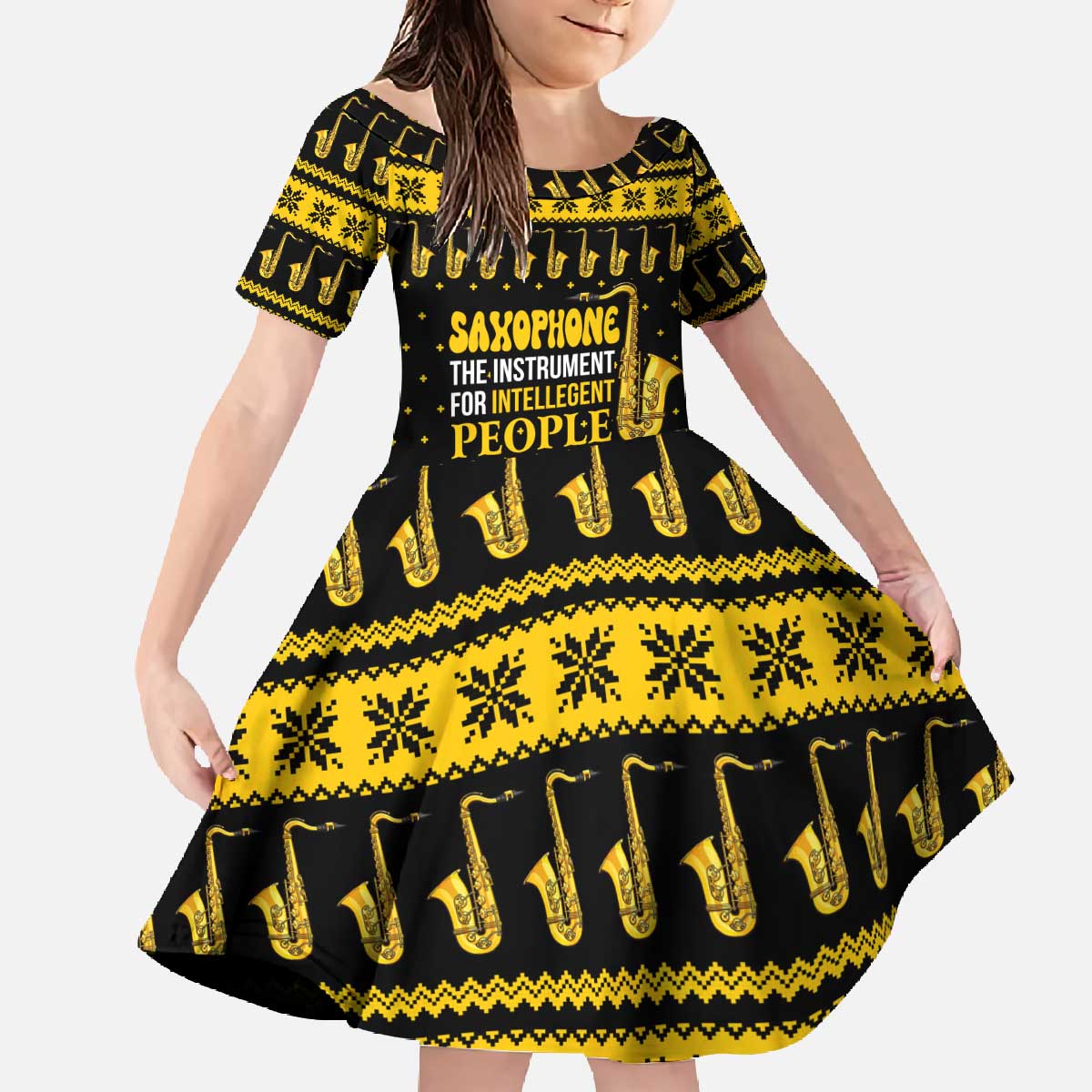 Saxophone The Instrument For Intellegent People Christmas Family Matching Off The Shoulder Long Sleeve Dress and Hawaiian Shirt Xmas Holiday Patterns - Wonder Print Shop
