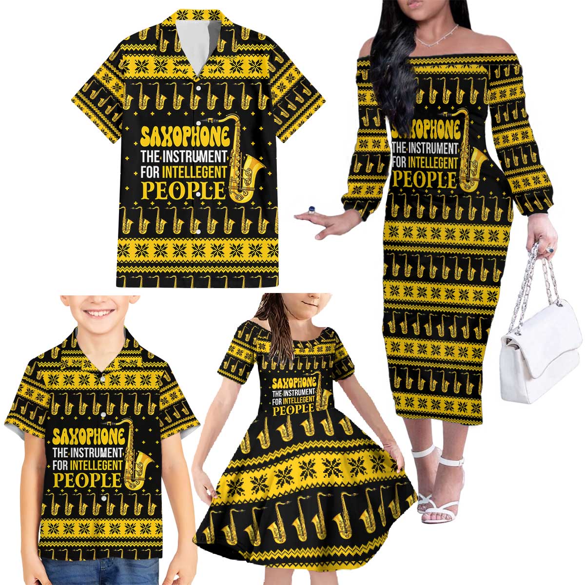 Saxophone The Instrument For Intellegent People Christmas Family Matching Off The Shoulder Long Sleeve Dress and Hawaiian Shirt Xmas Holiday Patterns - Wonder Print Shop