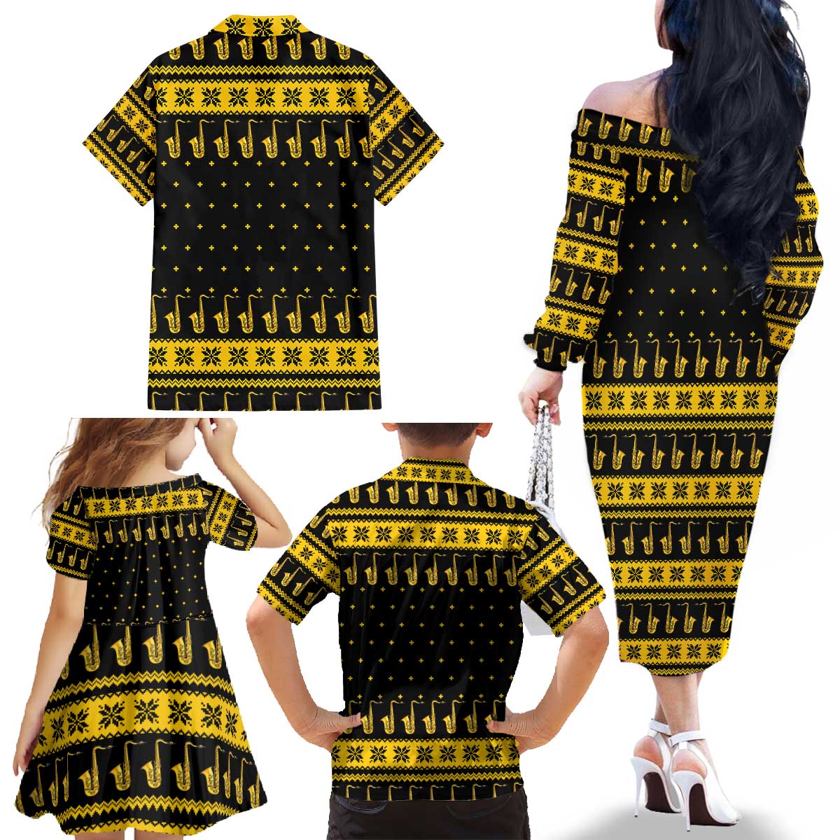 Saxophone The Instrument For Intellegent People Christmas Family Matching Off The Shoulder Long Sleeve Dress and Hawaiian Shirt Xmas Holiday Patterns - Wonder Print Shop