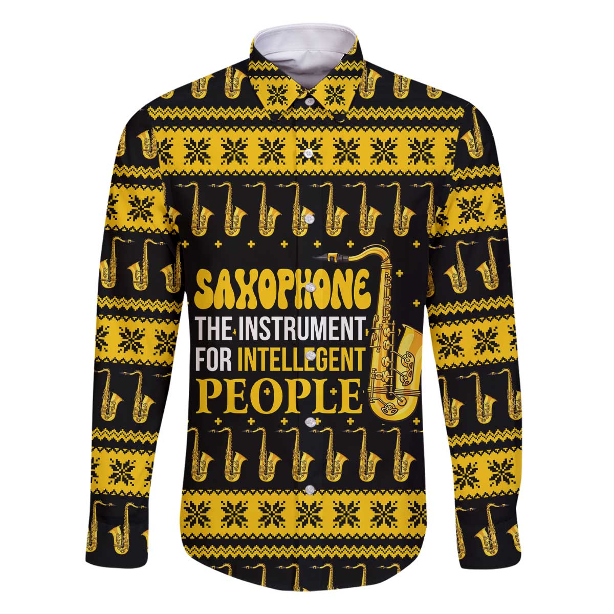 Saxophone The Instrument For Intellegent People Christmas Family Matching Off The Shoulder Long Sleeve Dress and Hawaiian Shirt Xmas Holiday Patterns - Wonder Print Shop
