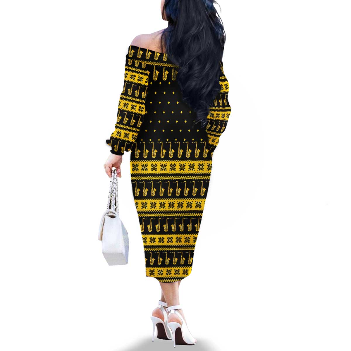 Saxophone The Instrument For Intellegent People Christmas Family Matching Off The Shoulder Long Sleeve Dress and Hawaiian Shirt Xmas Holiday Patterns - Wonder Print Shop