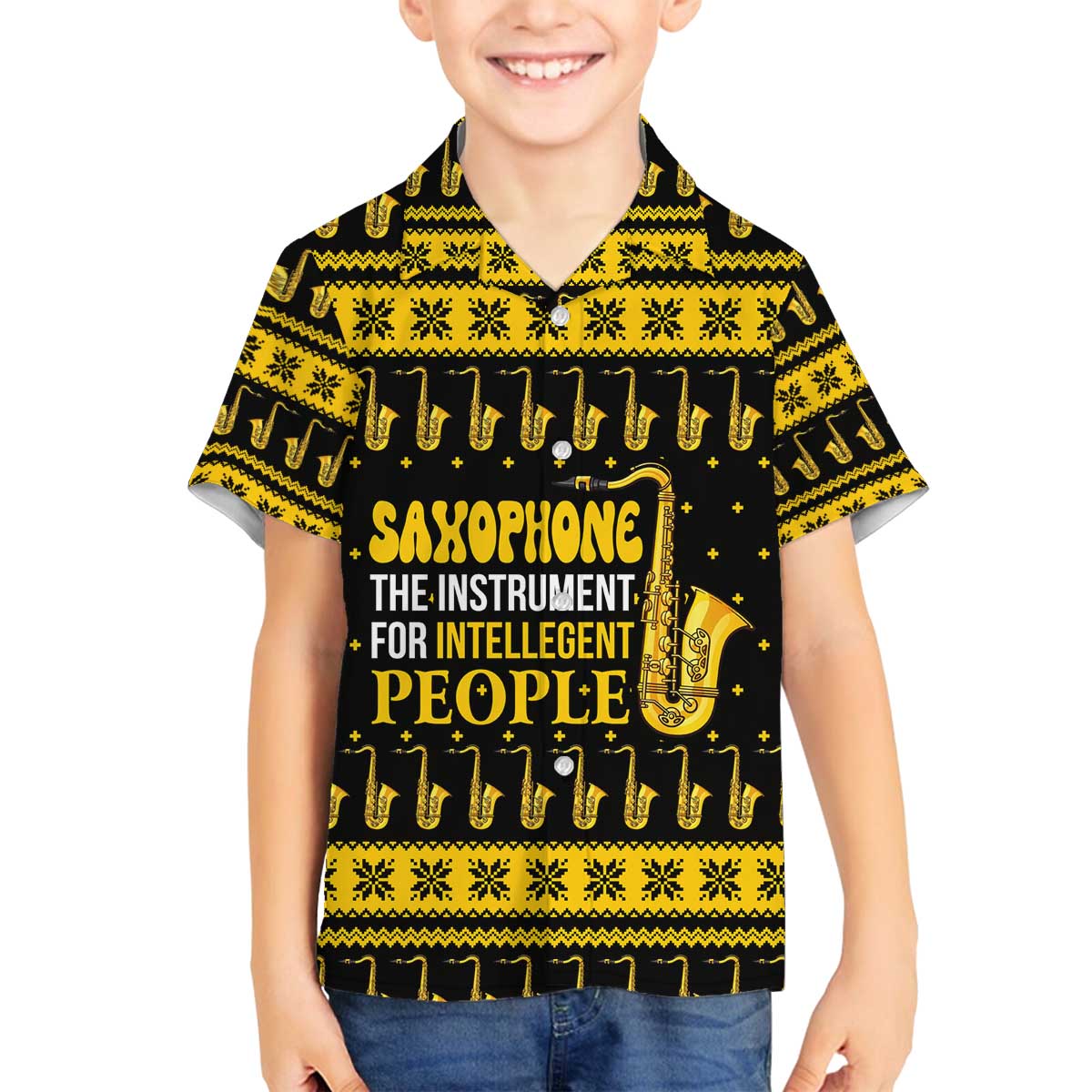 Saxophone The Instrument For Intellegent People Christmas Family Matching Off The Shoulder Long Sleeve Dress and Hawaiian Shirt Xmas Holiday Patterns - Wonder Print Shop