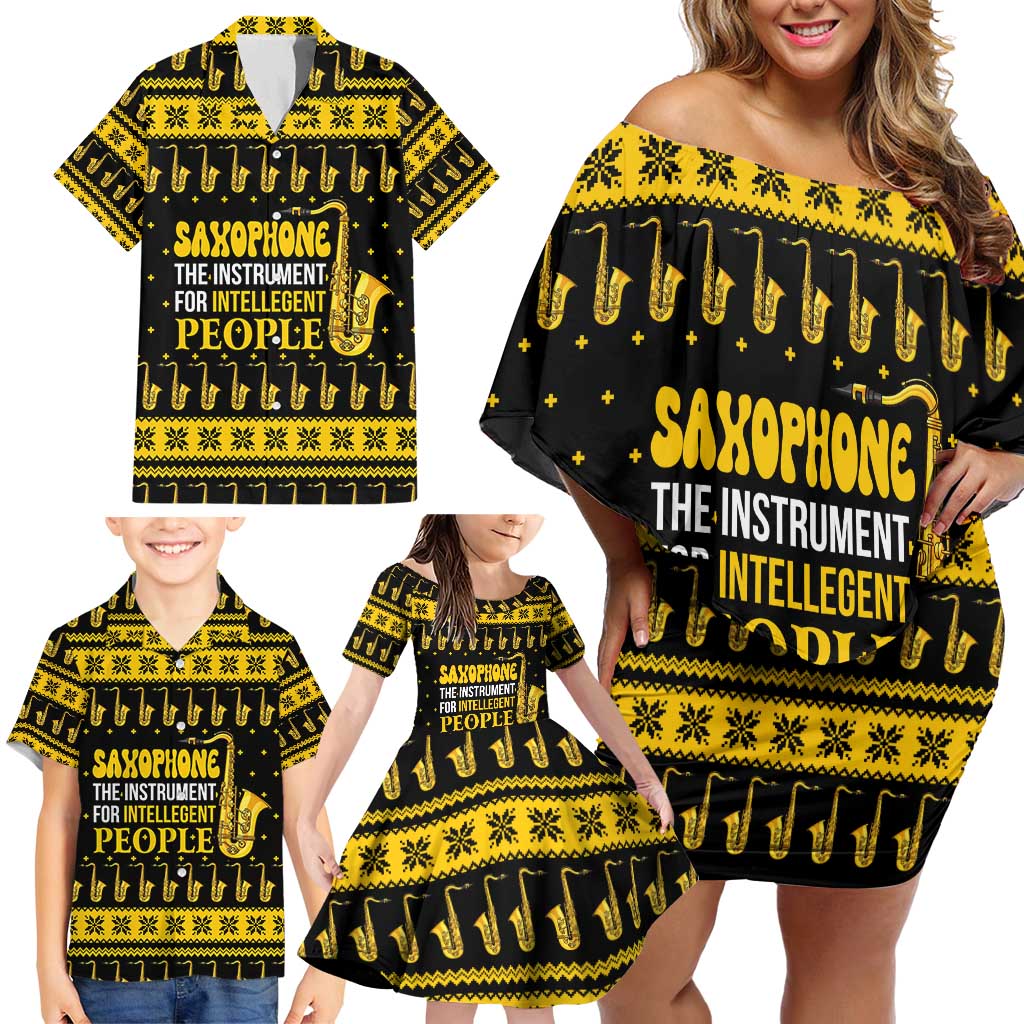 Saxophone The Instrument For Intellegent People Christmas Family Matching Off Shoulder Short Dress and Hawaiian Shirt Xmas Holiday Patterns - Wonder Print Shop