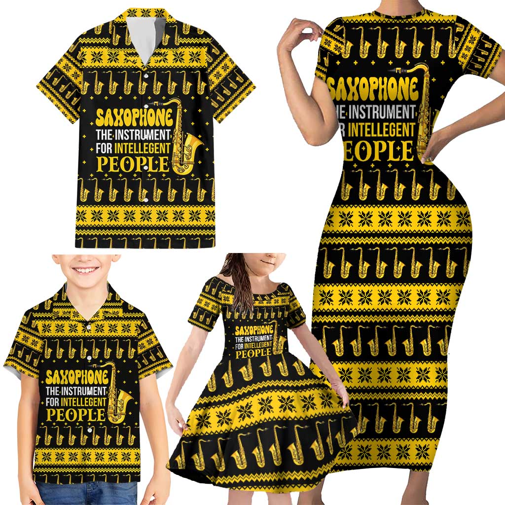 Saxophone The Instrument For Intellegent People Christmas Family Matching Short Sleeve Bodycon Dress and Hawaiian Shirt Xmas Holiday Patterns - Wonder Print Shop