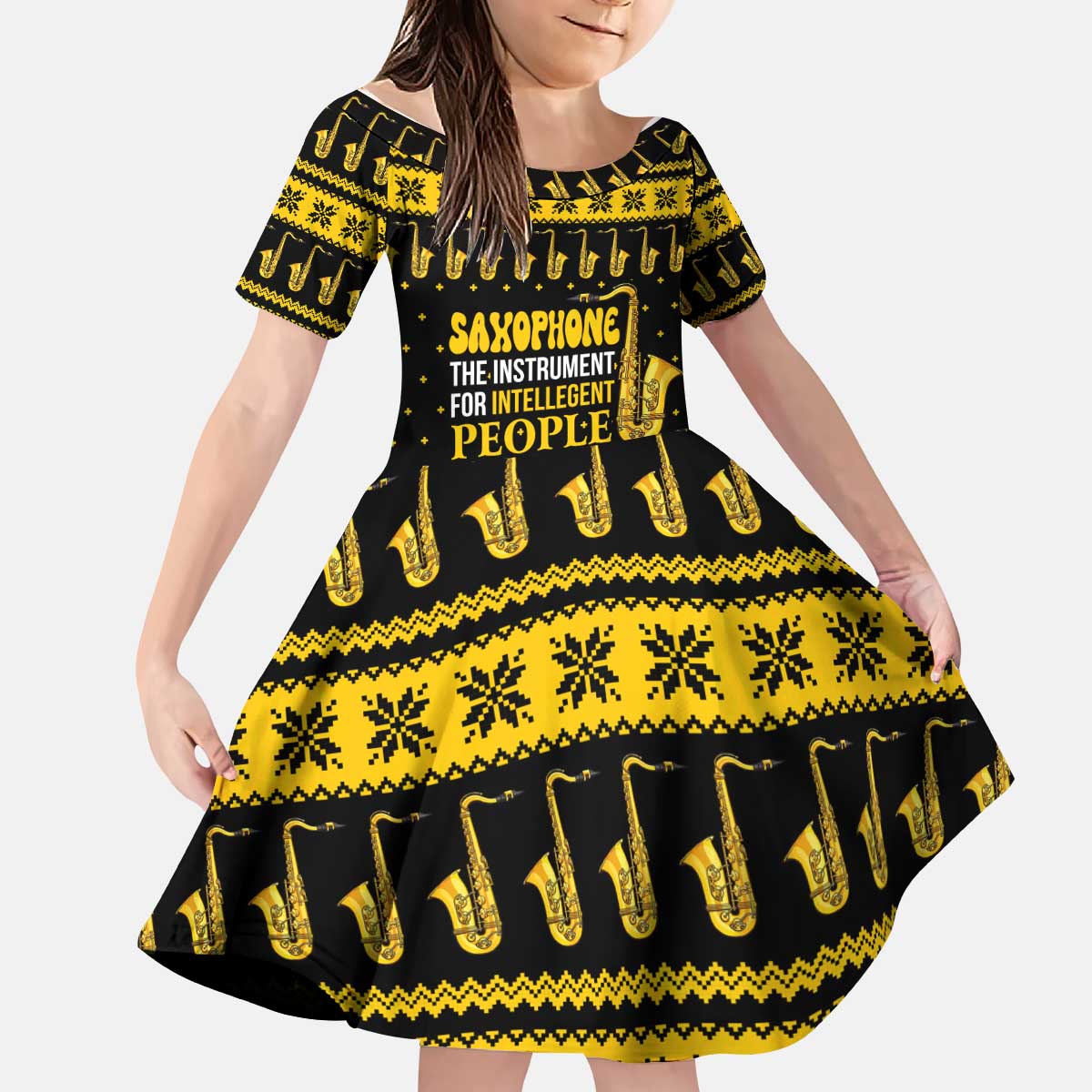Saxophone The Instrument For Intellegent People Christmas Kid Short Sleeve Dress Xmas Holiday Patterns - Wonder Print Shop