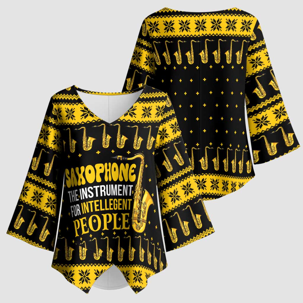 Saxophone The Instrument For Intellegent People Christmas Kimono Sleeve Blouse Xmas Holiday Patterns - Wonder Print Shop