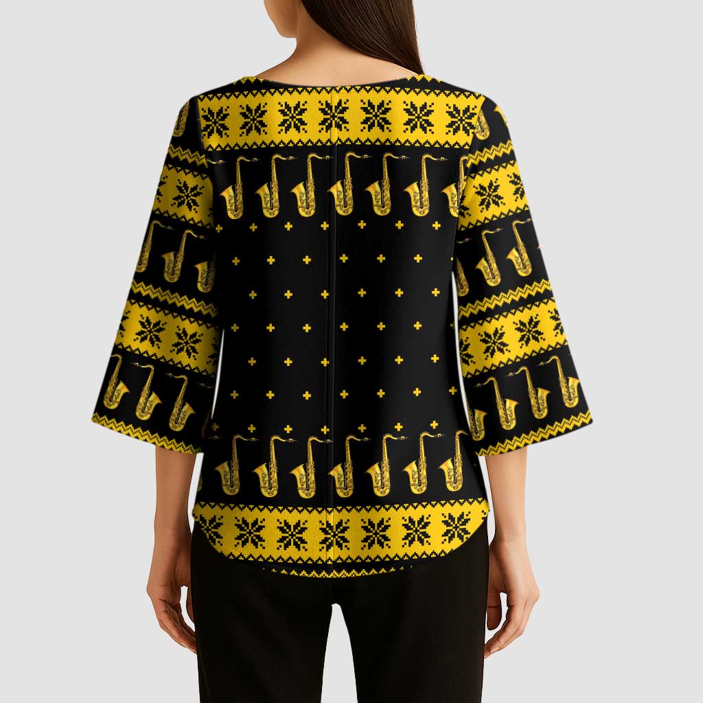 Saxophone The Instrument For Intellegent People Christmas Kimono Sleeve Blouse Xmas Holiday Patterns - Wonder Print Shop