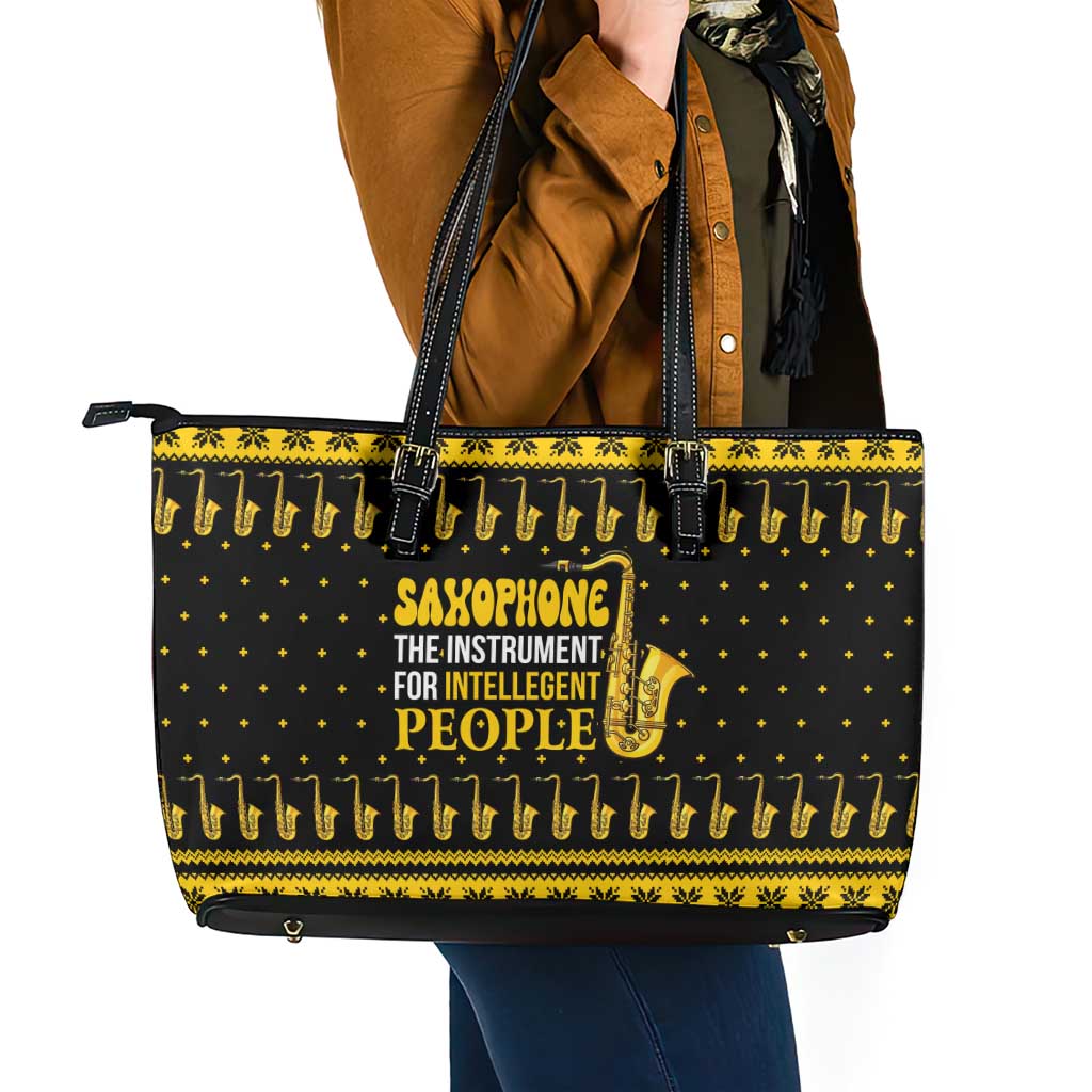 Saxophone The Instrument For Intellegent People Christmas Leather Tote Bag Xmas Holiday Patterns - Wonder Print Shop