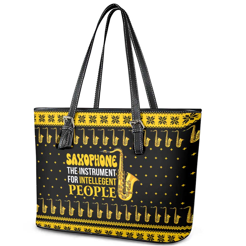 Saxophone The Instrument For Intellegent People Christmas Leather Tote Bag Xmas Holiday Patterns - Wonder Print Shop