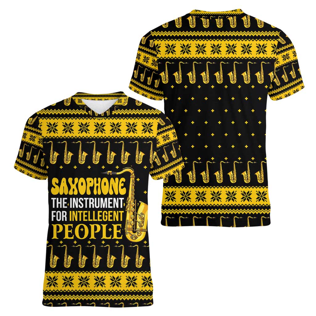 Saxophone The Instrument For Intellegent People Christmas Women V-Neck T-Shirt Xmas Holiday Patterns - Wonder Print Shop