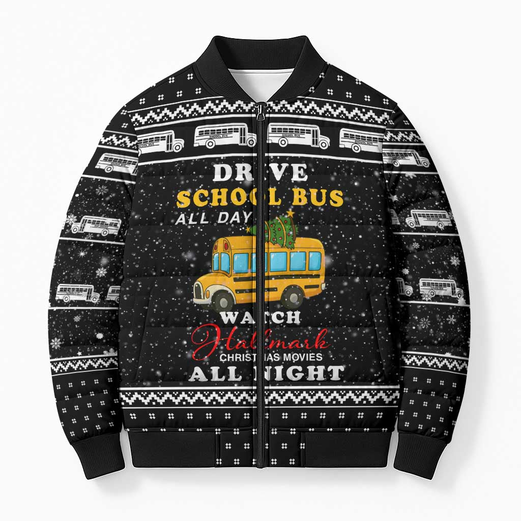 School Bus All Day Christmas Bomber Puffer Jacket Xmas Holiday Patterns - Wonder Print Shop