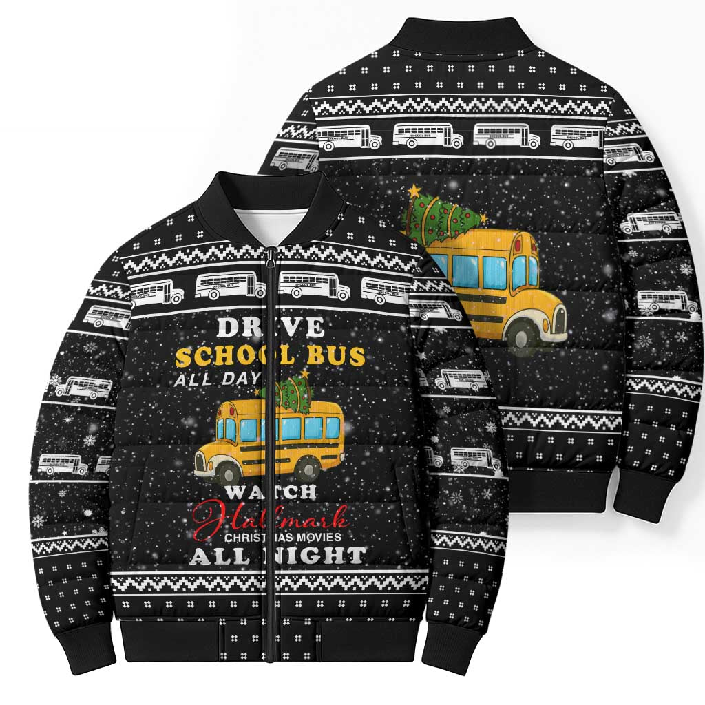 School Bus All Day Christmas Bomber Puffer Jacket Xmas Holiday Patterns - Wonder Print Shop