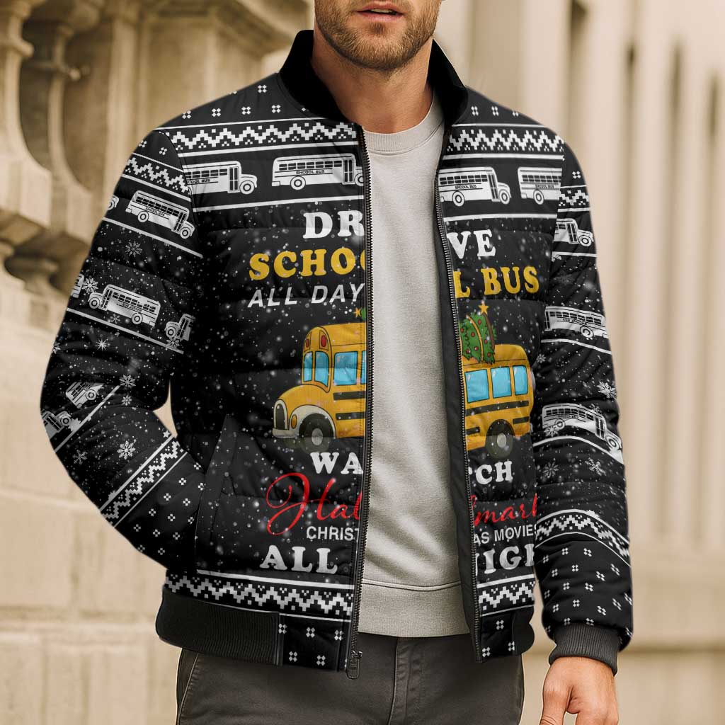 School Bus All Day Christmas Bomber Puffer Jacket Xmas Holiday Patterns - Wonder Print Shop