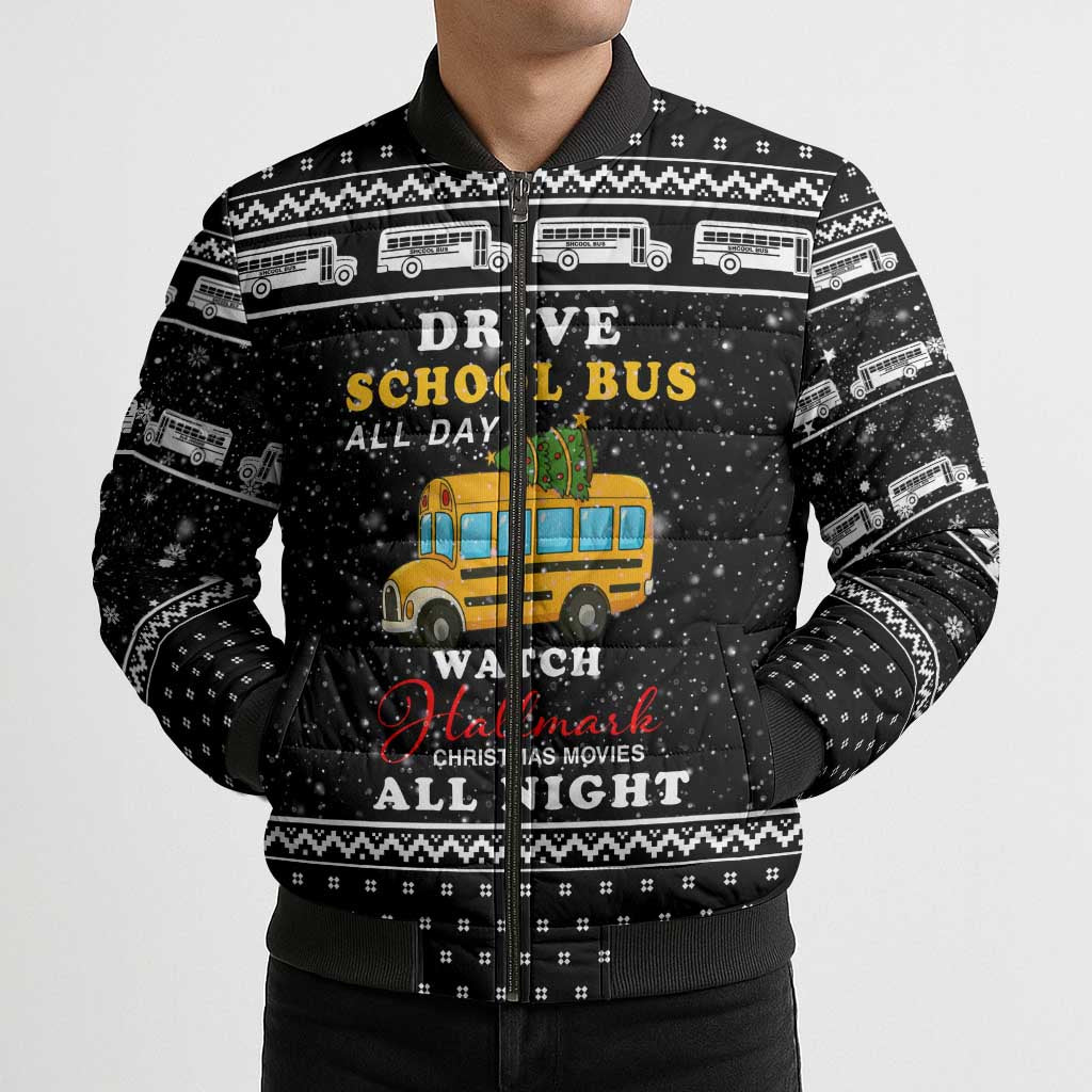 School Bus All Day Christmas Bomber Puffer Jacket Xmas Holiday Patterns - Wonder Print Shop