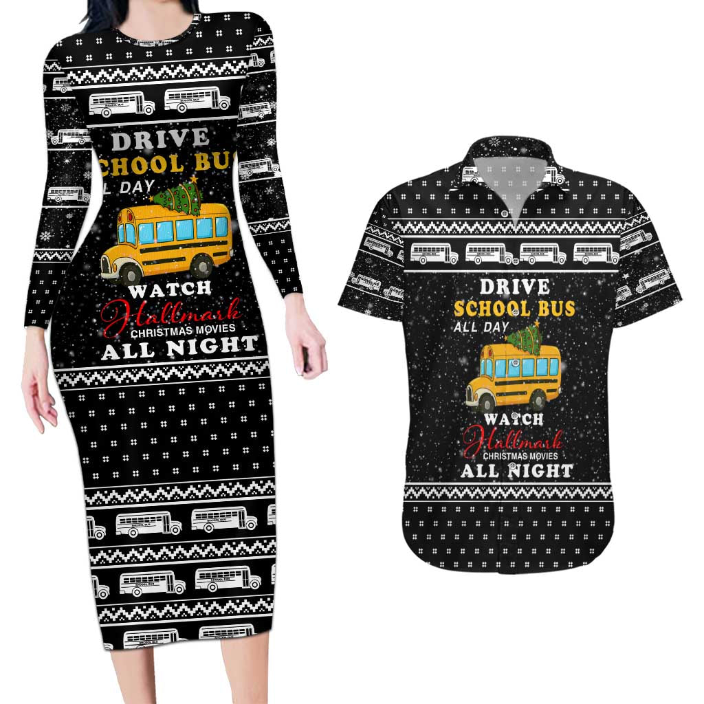 School Bus All Day Christmas Couples Matching Long Sleeve Bodycon Dress and Hawaiian Shirt Xmas Holiday Patterns - Wonder Print Shop