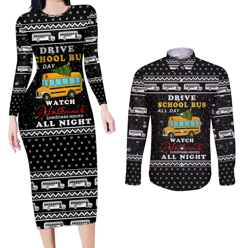 School Bus All Day Christmas Couples Matching Long Sleeve Bodycon Dress and Long Sleeve Button Shirt Xmas Holiday Patterns - Wonder Print Shop