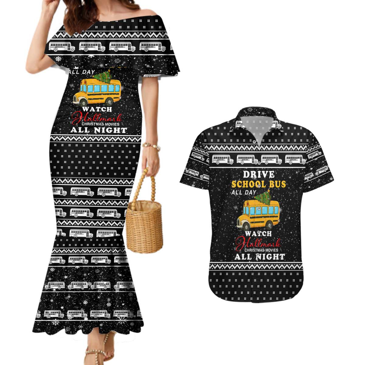 School Bus All Day Christmas Couples Matching Mermaid Dress and Hawaiian Shirt Xmas Holiday Patterns - Wonder Print Shop