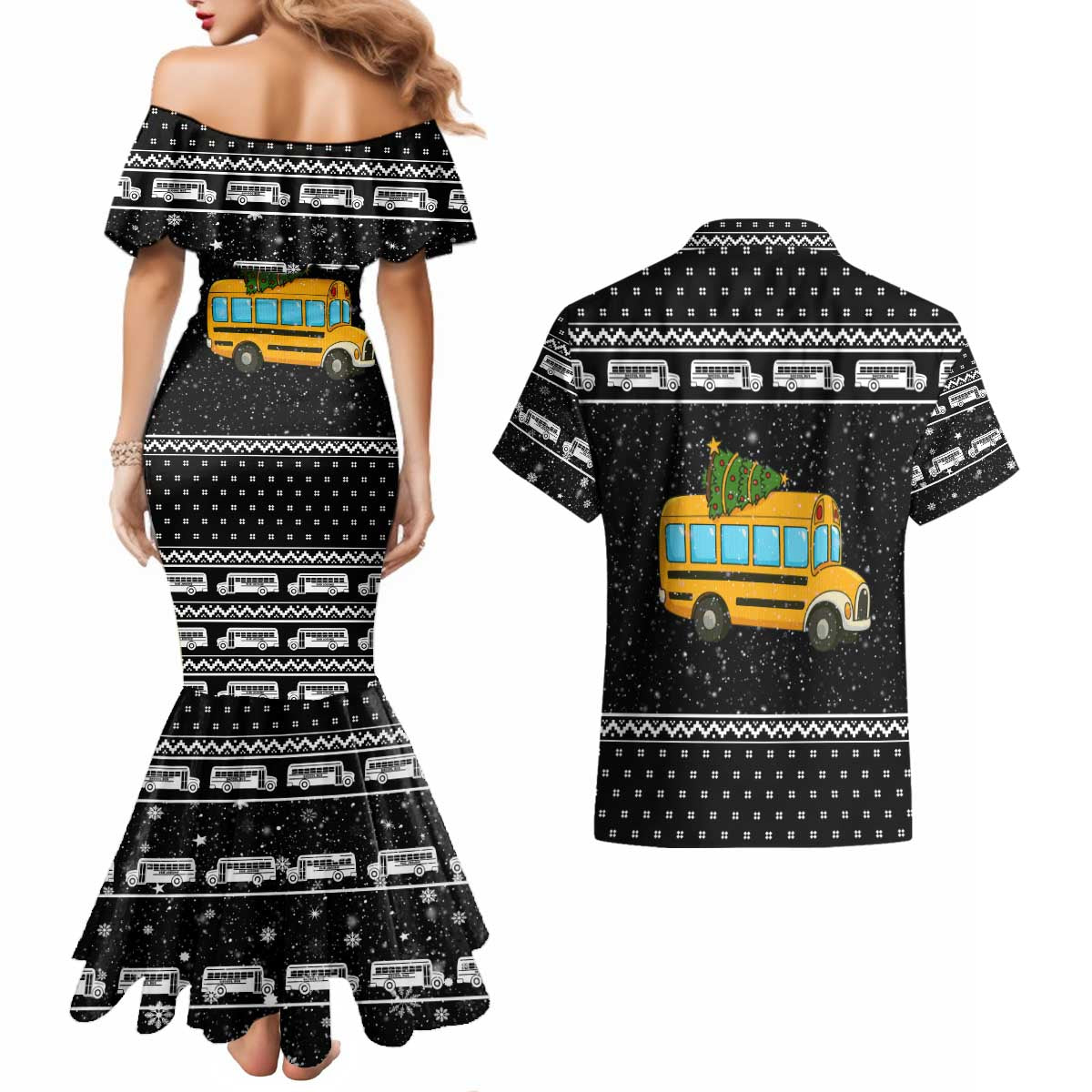 School Bus All Day Christmas Couples Matching Mermaid Dress and Hawaiian Shirt Xmas Holiday Patterns - Wonder Print Shop
